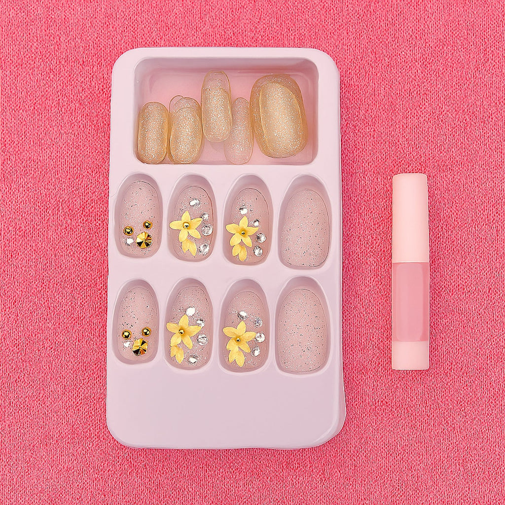 Glitter 3D Floral Press-On Artificial Nail Tips with Nail Glue fake nails (1 Set)