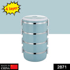 Stainless steel hot lunch box with four layers.