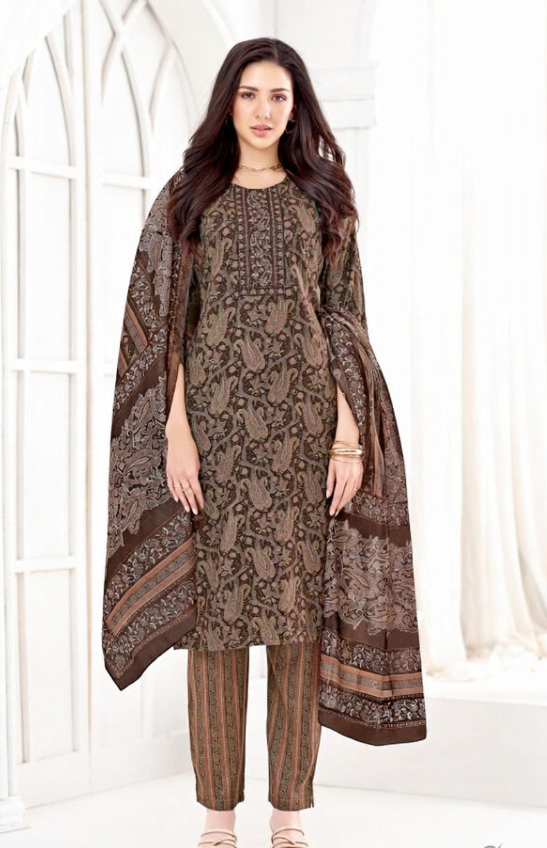 Women Brown Paisley Printed Kurta Set with Striped Pants & Dupatta | Ethnic Wear
