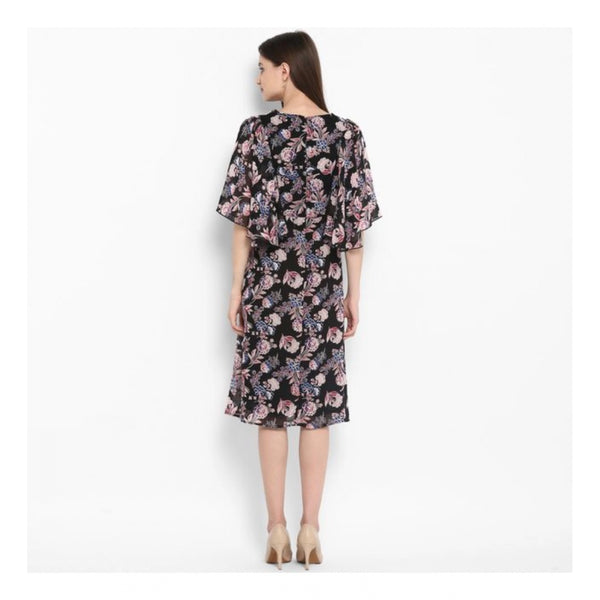 Generic Women's Polyester Floral Short Sleeve Knee-Length Dress (Black - Multicolor)