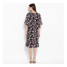 Generic Women's Polyester Floral Short Sleeve Knee-Length Dress (Black - Multicolor)