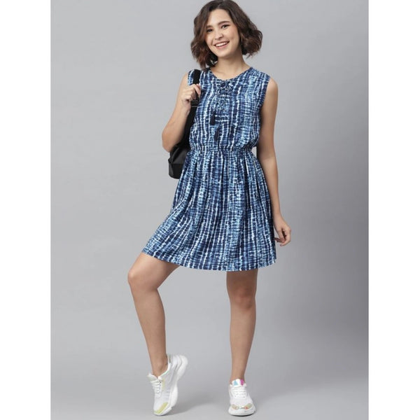 Generic Women's Rayon Tie &amp; Dye Sleeveless Above Knee Dress (Blue)