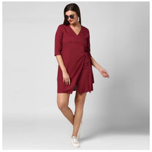 Generic Women's Cotton Solid 3-4th Sleeves Above Knee Dress (Maroon)