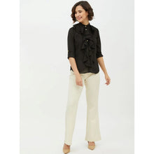 Women's Polyester Ruffled Long Sleeves Standard Length Shirt (Black)