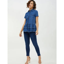 Women's Denim Peplum Short Sleeve Top (Blue)