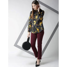 Women's Satin Printed Long Sleeves Standard Length Shirt (Black - Gold)