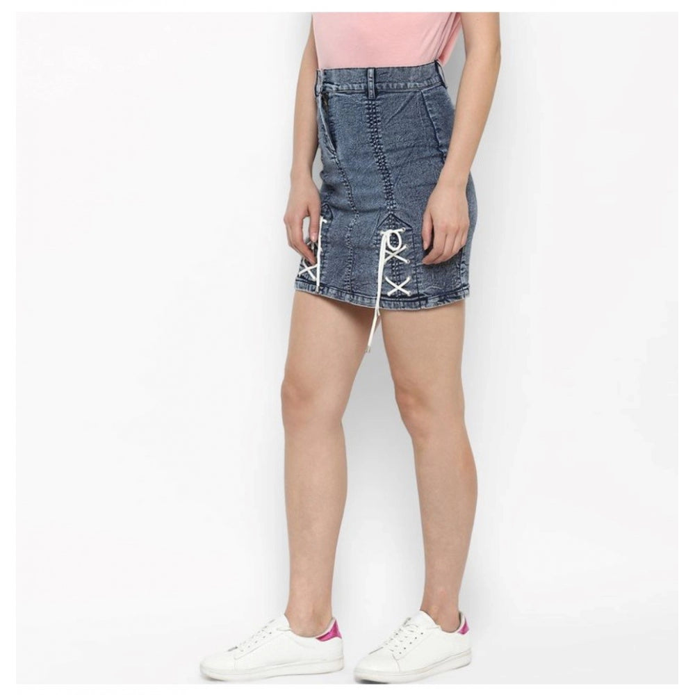 Women's Denim Tie Up Buttoned Skirt (Blue)