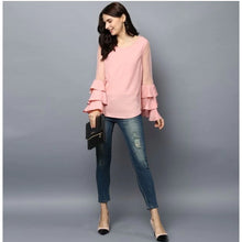 Women's Polyester Solid Tier Sleeve Top (Pink)