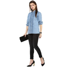 Women's Denim Solid 3-4th Sleeves Standard Length Shirt (Blue)