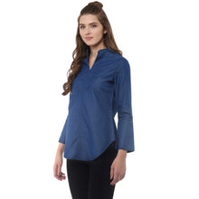Women's Denim Solid Bell Sleeve Regular Top (Blue Denim)