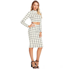 Women's Polyester Checkered Full Sleeves Stand Collar Crop Top Skirt Set (White)
