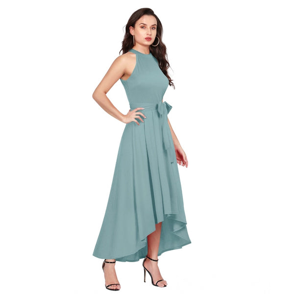 Generic Women's Polyester Solid Halter Neck Sleeveless Dress (Pista)