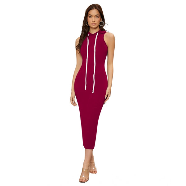 Generic Women's Knitting stretchable Solid Round Neck Sleeveless Dress (Maroon)