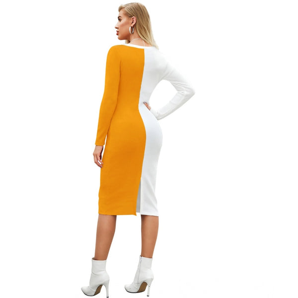 Generic Women's Knitting stretchable Solid Round Neck Full Sleeve Dress (Yellow)