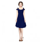 Generic Women's Polyester Solid V Neck Cap Sleeve off Shoulder Dress (Blue)