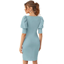 Generic Women's Knitting stretchable Solid Square Neck 3-4 Puff Sleeve Dress (Pista)