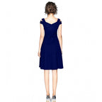 Generic Women's Polyester Solid V Neck Cap Sleeve off Shoulder Dress (Blue)