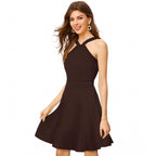 Women's Knitting stretchable Solid Halter Neck Sleeveless Dress (Coffee)