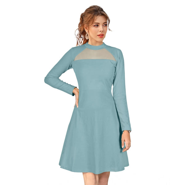 Generic Women's Knitting stretchable Solid Round Neck Full Sleeve Dress (Pista)