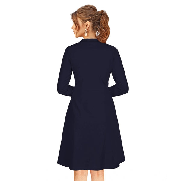 Generic Women's Knitting stretchable Solid Round Neck Full Sleeve Dress (Blue)