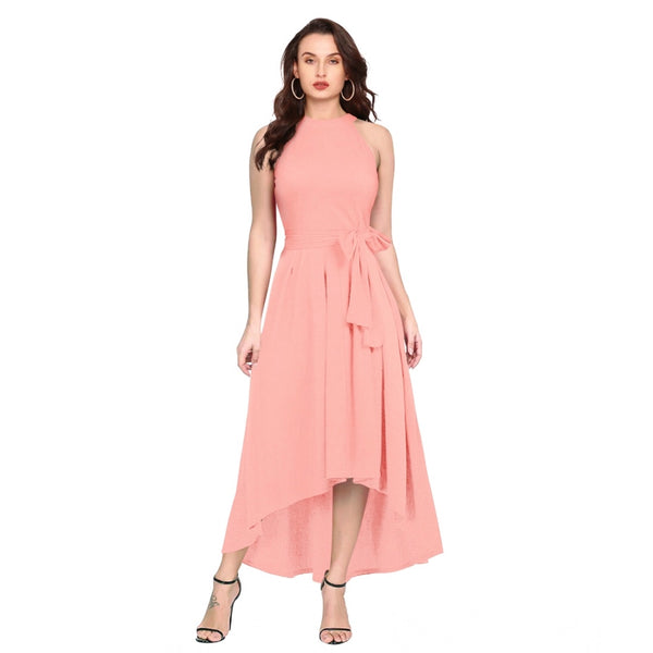 Generic Women's Polyster Solid Halter Neck Sleeveless Dress (Peach)