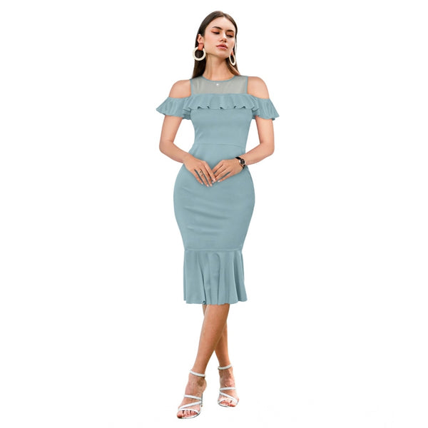 Generic Women's Knitting stretchable Solid Round Neck Sleeveless Dress (Pista )