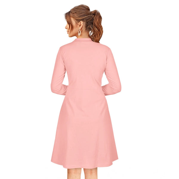 Generic Women's Knitting stretchable Solid Round Neck Full Sleeve Dress (Peach)