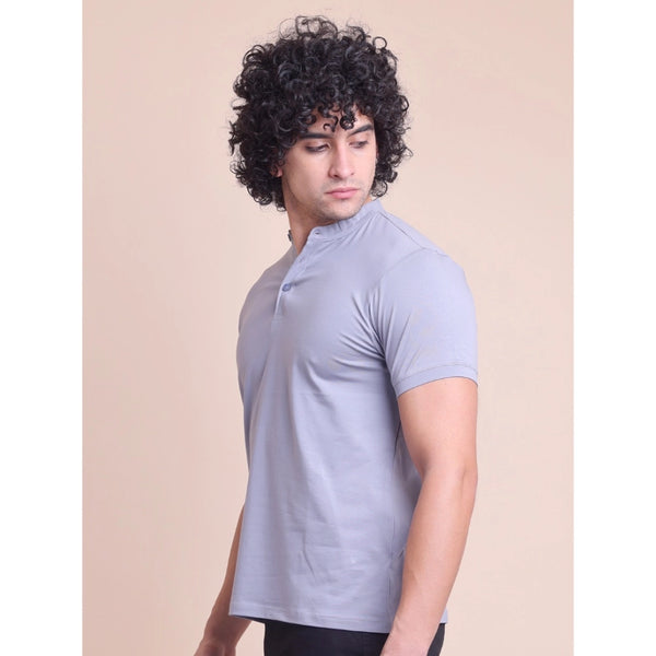 Generic Men's Casual Cotton Solid Half Sleeve Mandarin Collar T-Shirt (Teegrey)