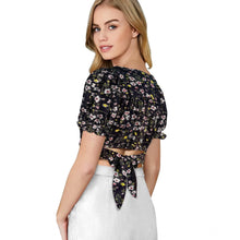 Women's Knitting Printed V-Neck Puff Sleeve Tops (Black)