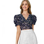 Women's Knitting Printed V-Neck Puff Sleeve Tops (Navy Blue)