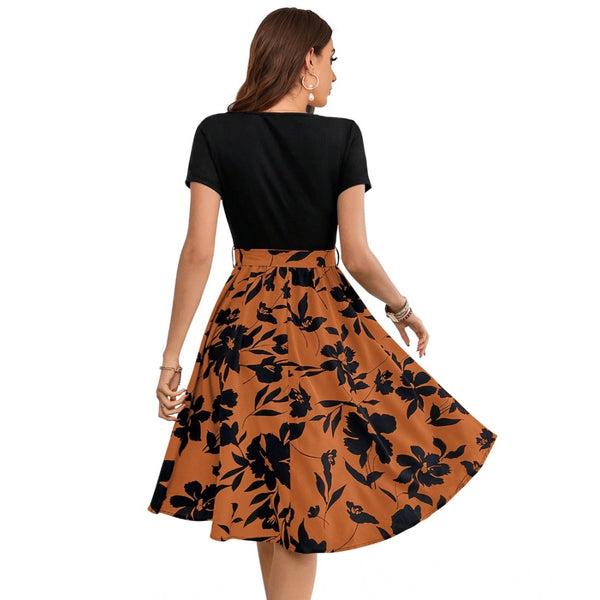 Generic Women's Knitting Printed Round Neck Short Sleeve Dress (Orange)