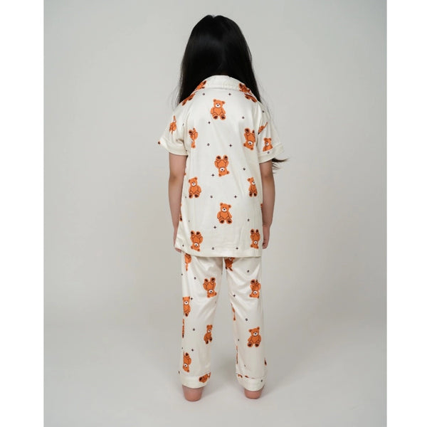 Generic Girl's Silk Bleand Printed Short Sleeve Night Suit Set (White)