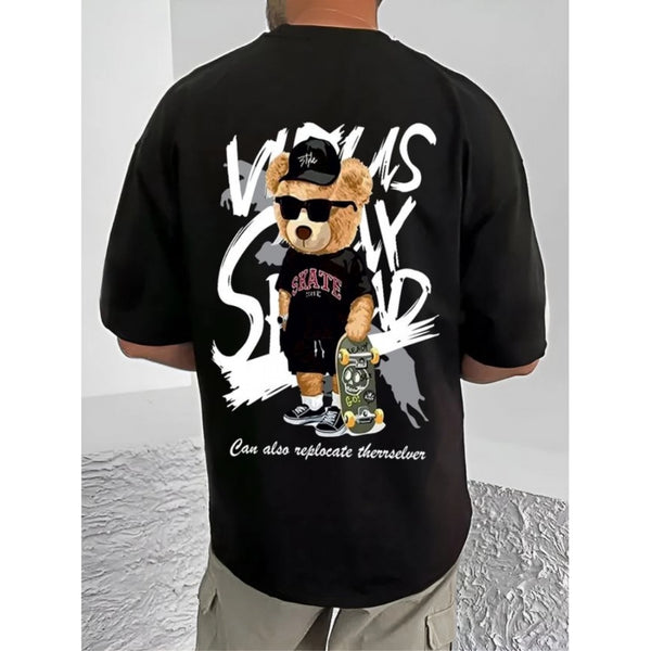 Generic Men's Casual Cotton Blend Printed Round Neck Half Sleeve T-Shirt (Black)