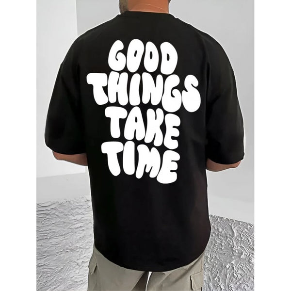 Generic Men's Casual Cotton Blend Printed Round Neck Half Sleeve T-Shirt (Black)
