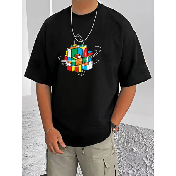 Generic Men's Casual Cotton Blend Printed Round Neck Half Sleeve T-Shirt (Black)