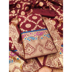 Women's Banarasi Silk Printed Unstitched Salwar Suit Material With Dupatta (Maroon, 3Mtrs)