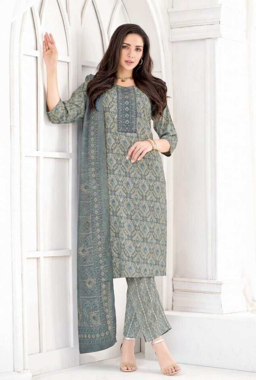 Sage Green Ethnic Printed Kurta Set with Dupatta