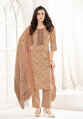 Women Mustard Beige Printed Kurta Set with Straight Pants & Dupatta | Festive Ethnic Wear