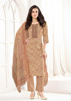 Women Mustard Beige Printed Kurta Set with Straight Pants & Dupatta | Festive Ethnic Wear