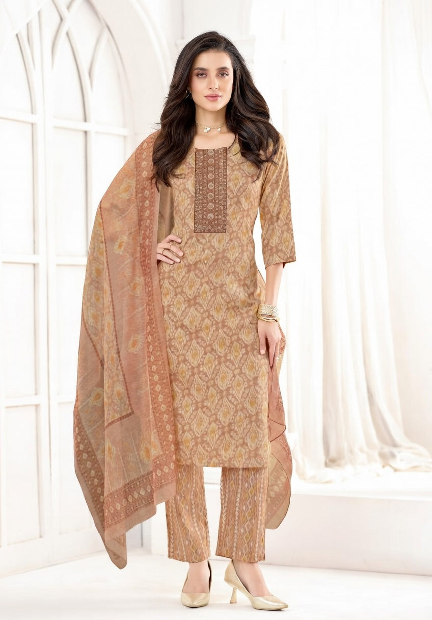 Women Mustard Beige Printed Kurta Set with Straight Pants & Dupatta | Festive Ethnic Wear