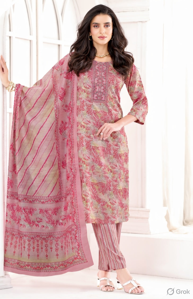Women Pink Floral Printed Kurta Set with Striped Pants & Dupatta | Ethnic Festive Wear