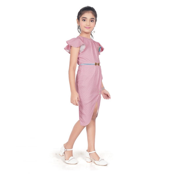 Generic Girl's Knitted Striped Short Sleeve Close Neck Dress (Pink)