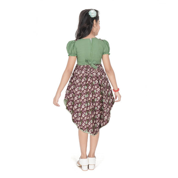 Generic Girl's Twill Printed Short Sleeve Round Neck Dress (Green)