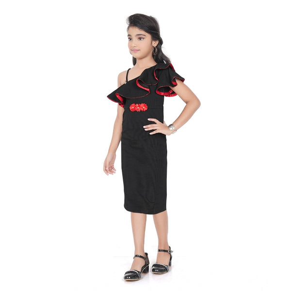 Generic Girl's Knitted Soild Sleeve Less Off Shoulder Dress (Black)