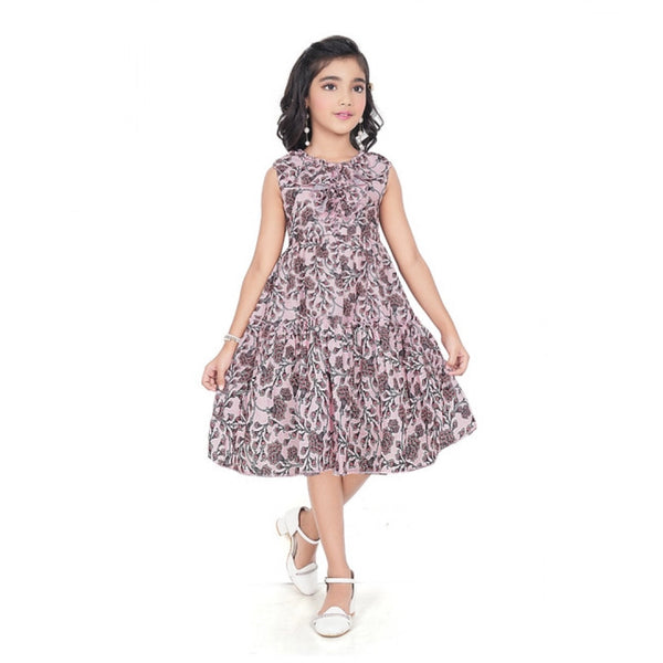 Generic Girl's Digital Slub Printed Sleeve Less Round Neck Dress (Brown)