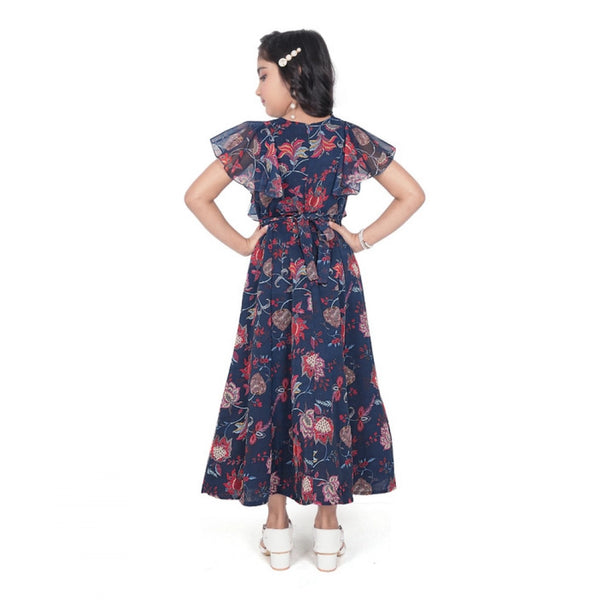 Generic Girl's Shiffon Printed Short Sleeve Round Neck Dress (Blue)