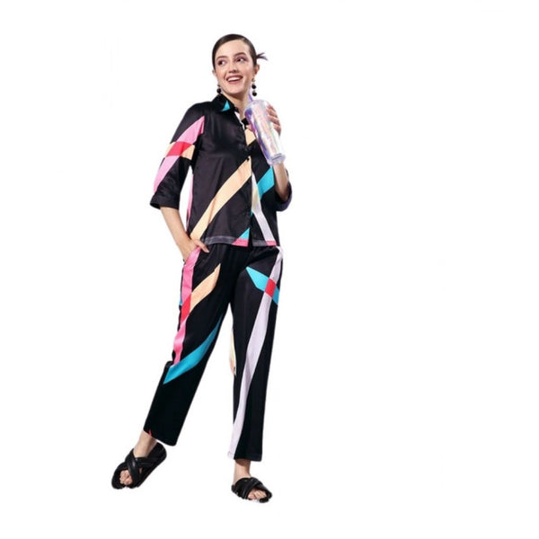 Generic Women's Satin Colour Block Long Sleeves Co-Ord Set (Multicolor)