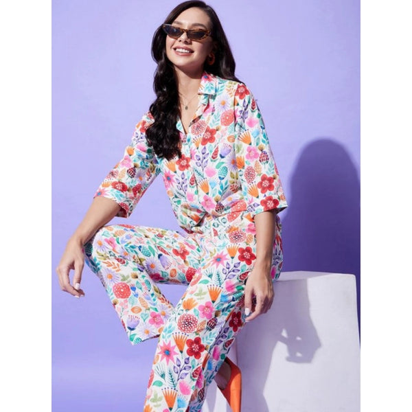 Generic Women's Polyester Floral 3-4th Sleeve Co-Ord Set (Multicolor)