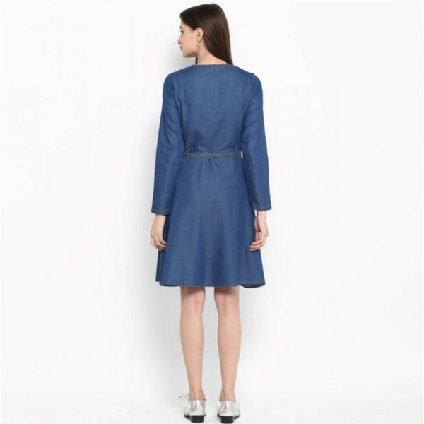 Generic Women's Denim Washed Regular Sleeves Dress (Blue)