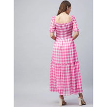 Generic Women's Polyester Georgette Checkered Half Sleeve Dress (Pink)